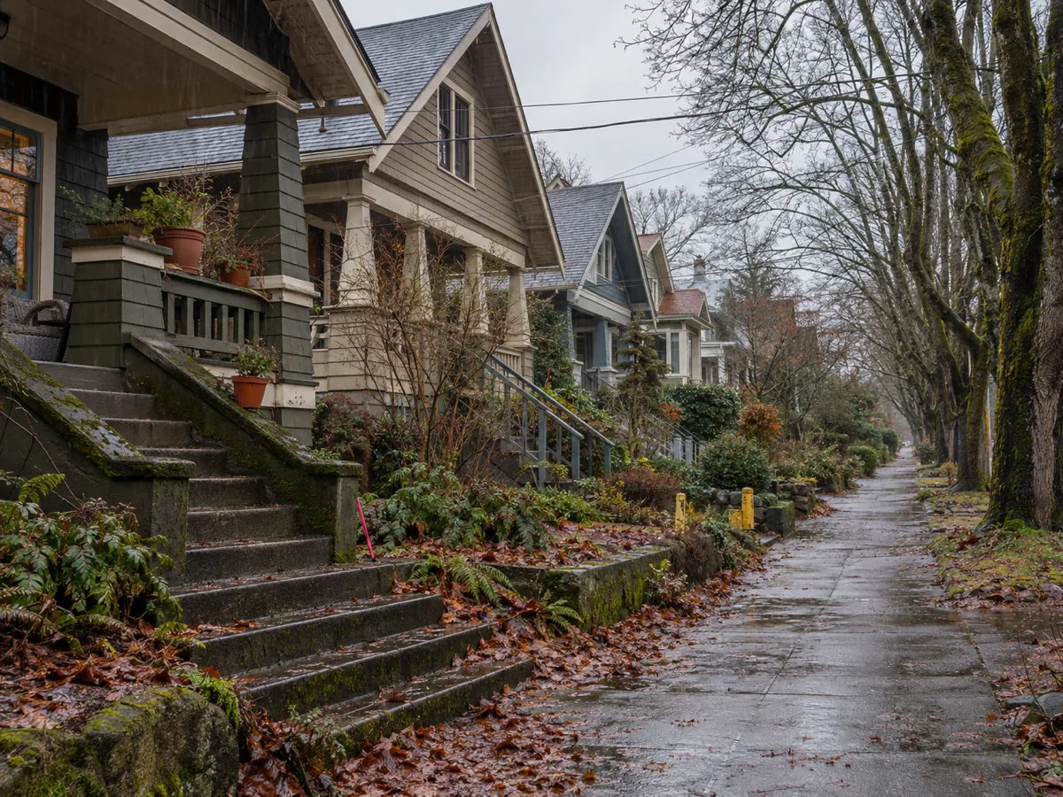 A row of early-century Craftsman bungalows on a wet, maple-lined street in Seattle, WA