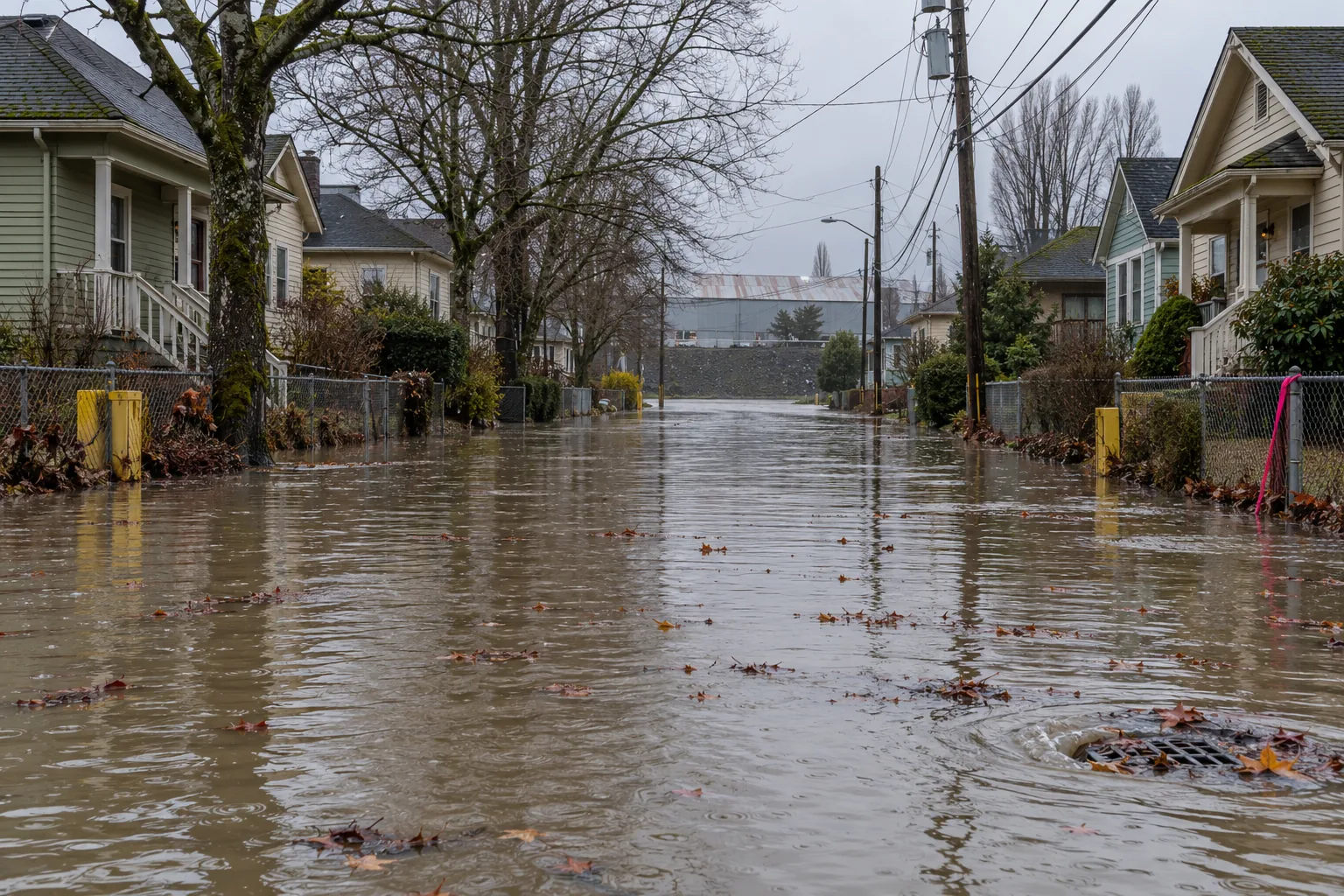 A flat Duwamish-valley residential street in Seattle, WA under brown water up to the kerb line