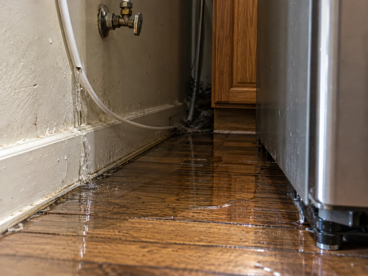 A split refrigerator ice-maker line leaking clean water across an oak floor in a Seattle, WA kitchen
