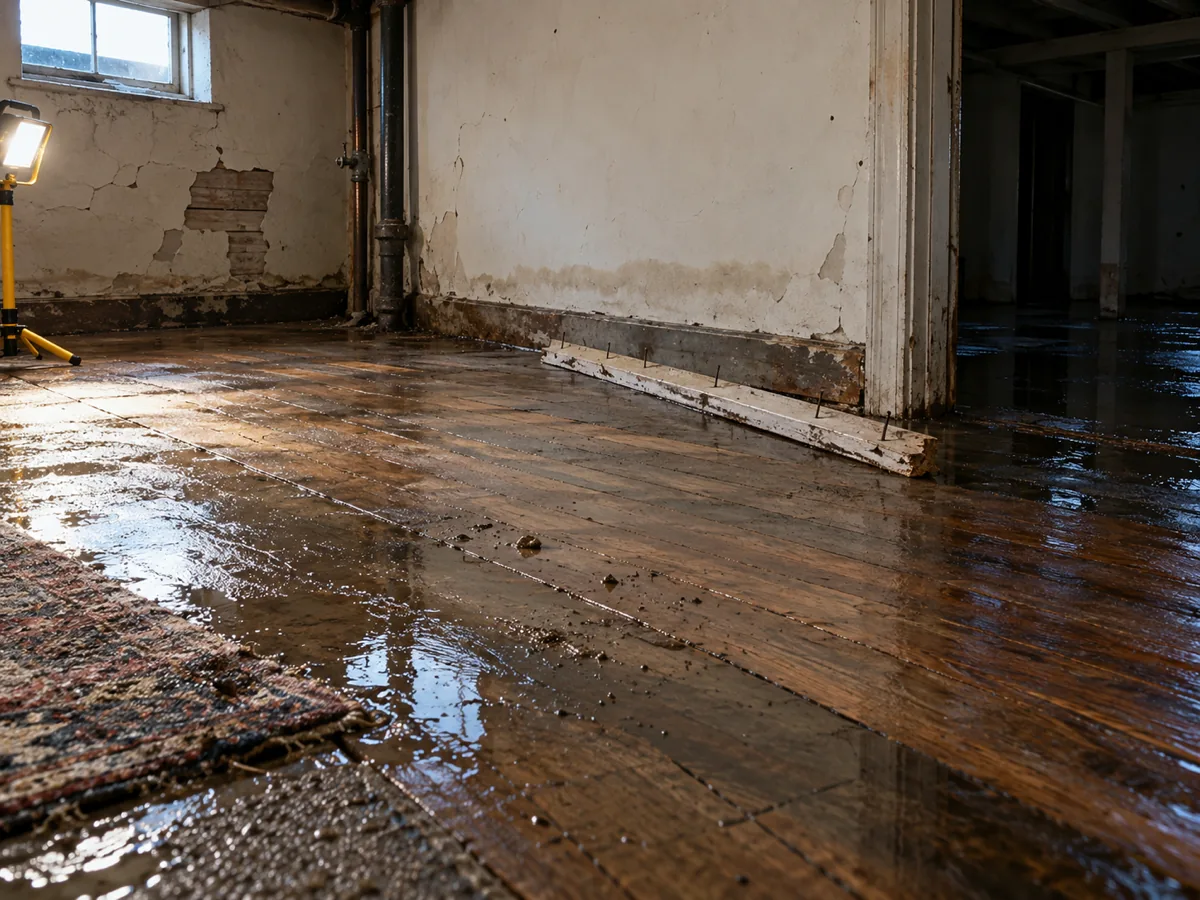 Water spreading across old fir floorboards in the lower level of a raised-basement Seattle, WA bungalow