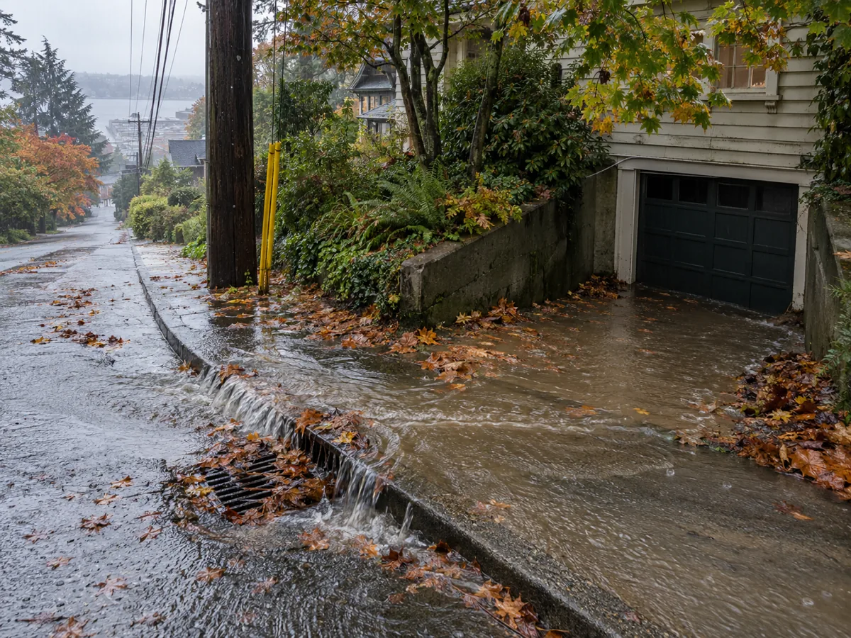 Rain runoff sheeting down a sloped residential street into a driveway toward a below-grade garage in Seattle, WA