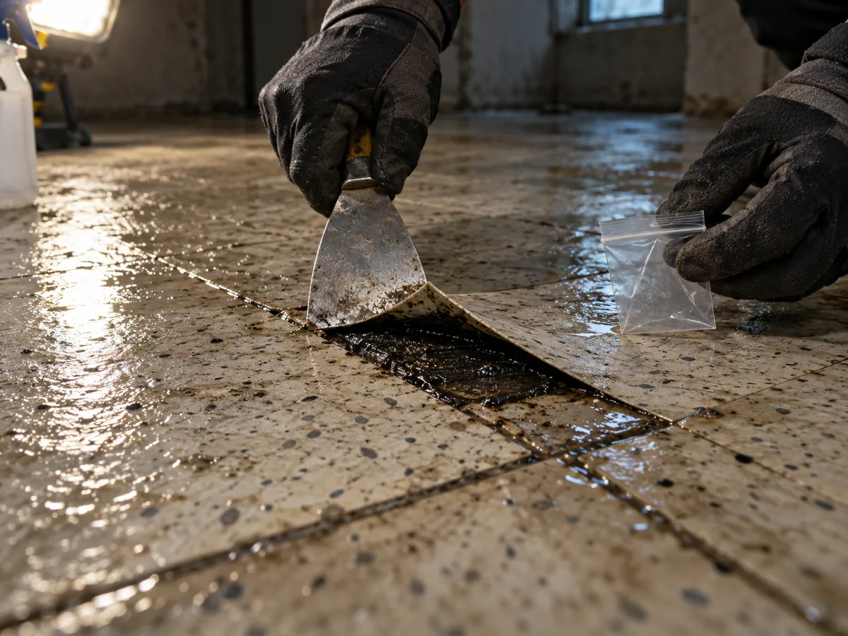 A gloved hand lifting a sample corner of old 9-inch vinyl floor tile with black mastic in a Seattle, WA basement