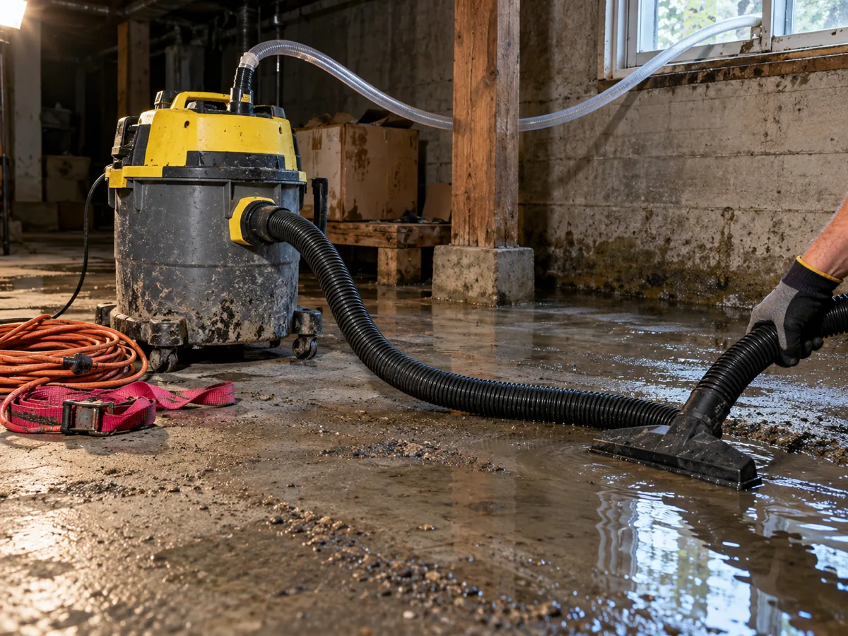 A wet vacuum and discharge hose clearing water from an unfinished basement slab in Seattle, WA