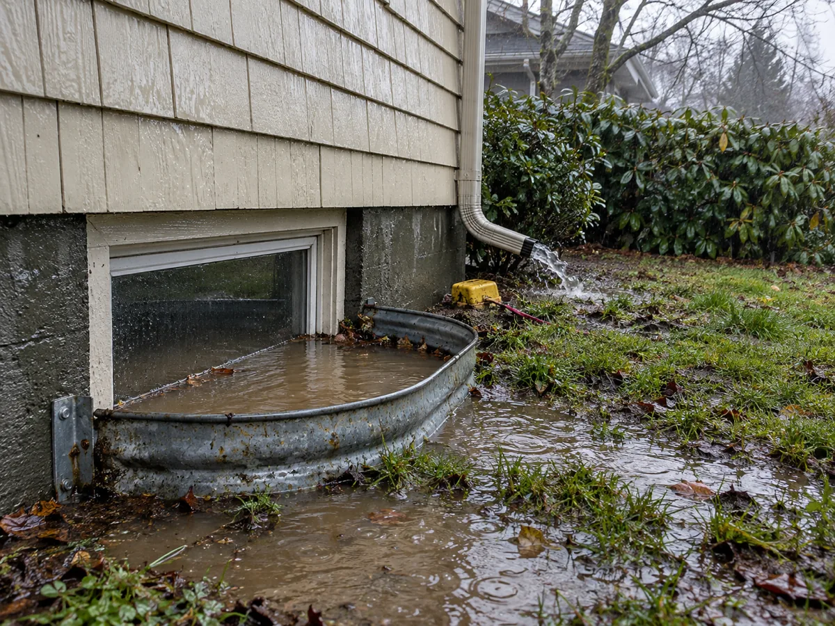 A basement window well filling with rainwater beside a saturated lawn at a Craftsman house in Tacoma, WA