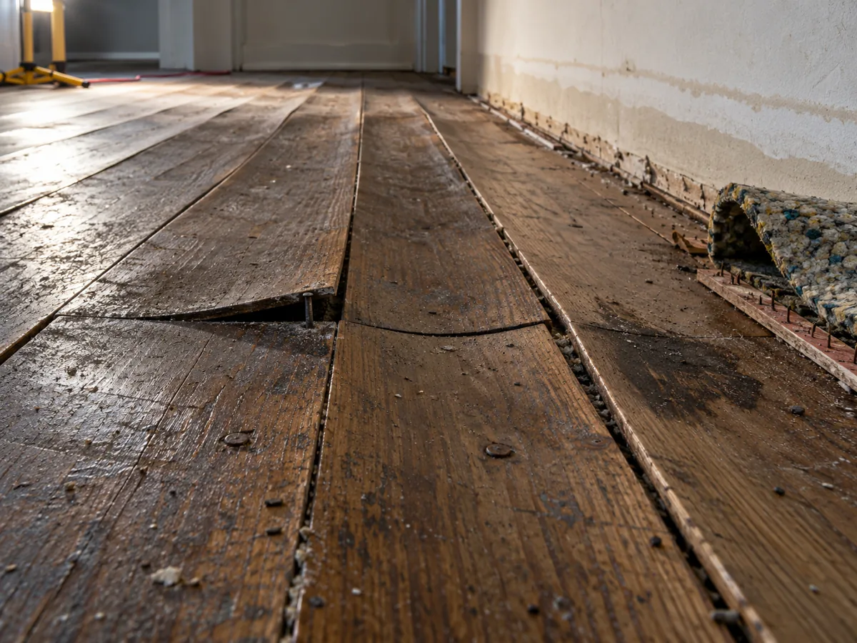 Fir floorboards cupped and lifted at the seams by water in a Tacoma, WA house