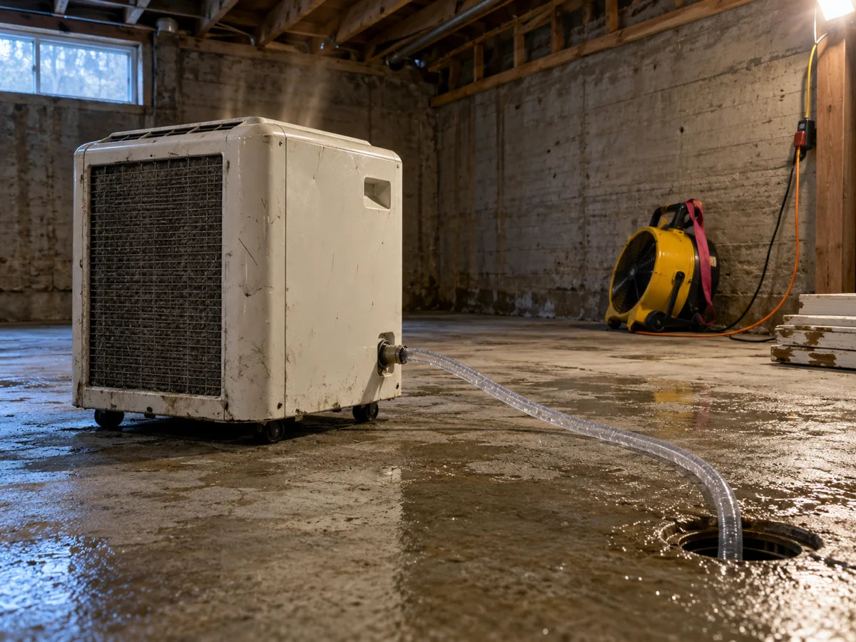An unbranded LGR dehumidifier running on a basement slab in Tacoma, WA with its condensate line to a drain