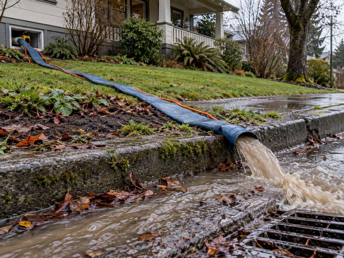 A lay-flat pump hose discharging muddy water from a basement into a kerbside storm drain in Tacoma, WA