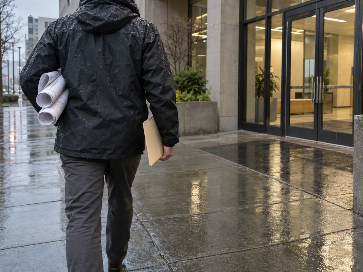 Rolled plans under an arm, seen from behind, approaching a plain civic building entrance in the rain in Tacoma, WA