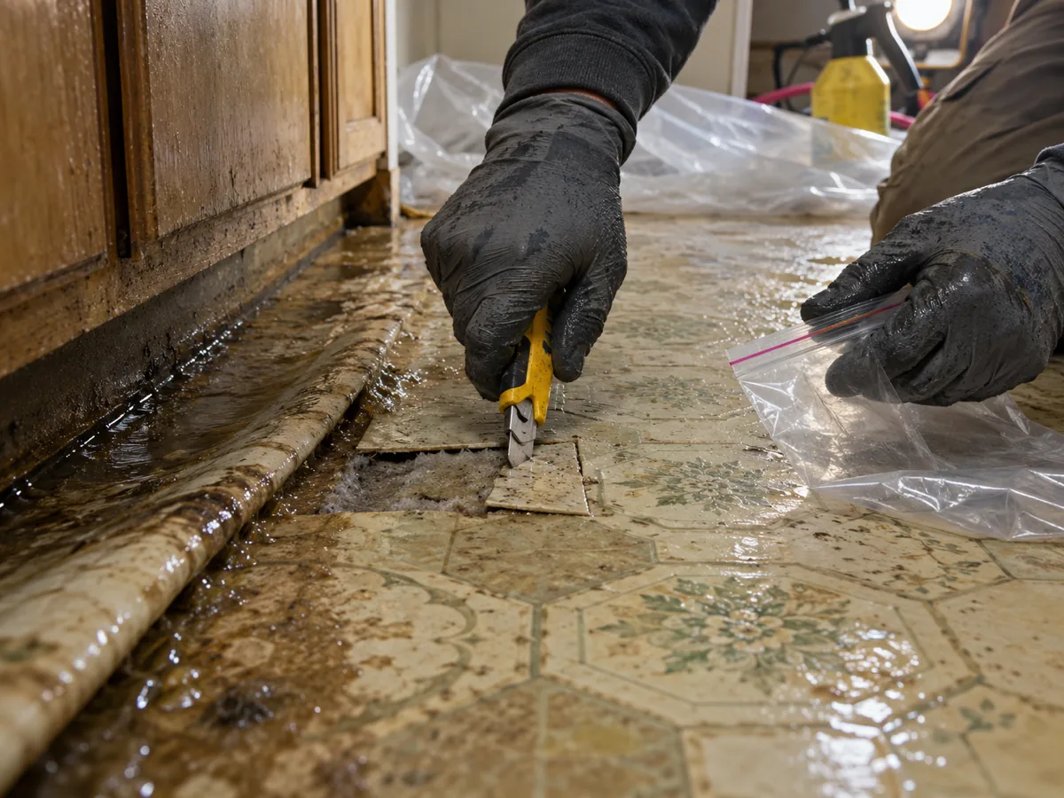 A gloved hand cutting a small sample from old sheet vinyl flooring before a flood tear-out in Tacoma, WA