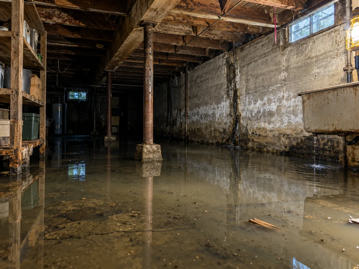 Standing water on the slab of an unfinished Craftsman basement in Tacoma, WA with a board-formed wall