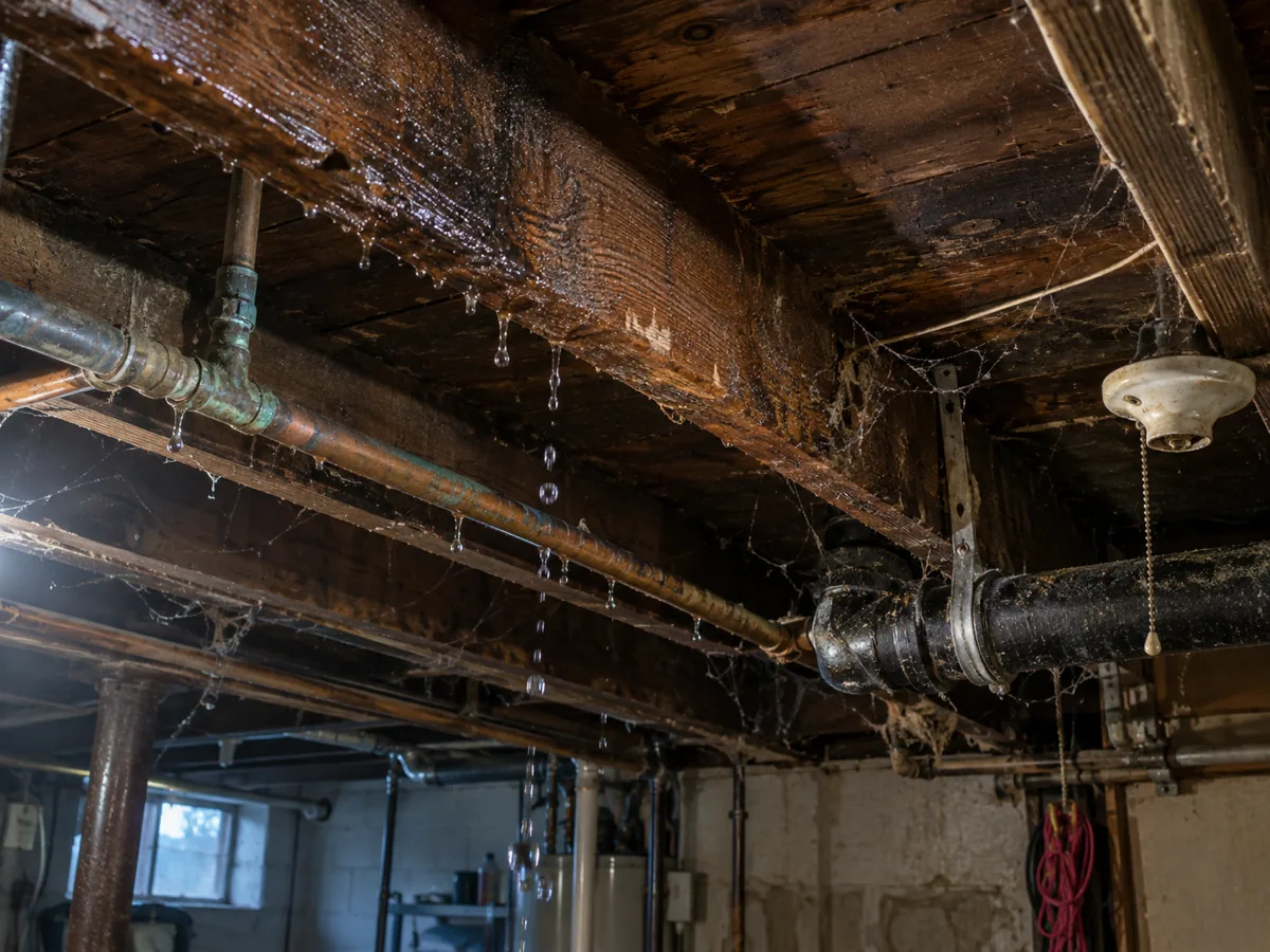 Water dripping through the subfloor and joists of a basement ceiling under a laundry room in Tacoma, WA